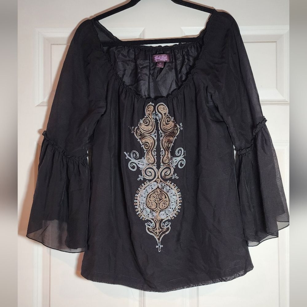 Hale Bob 100% Silk Boho Embroidered Long Flounce Sleeve Blouse M